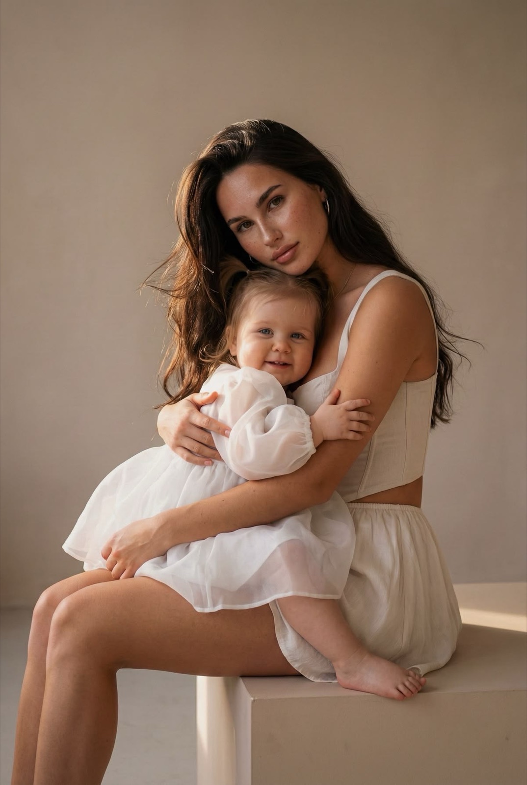 Lucia holding her young son in soft natural light